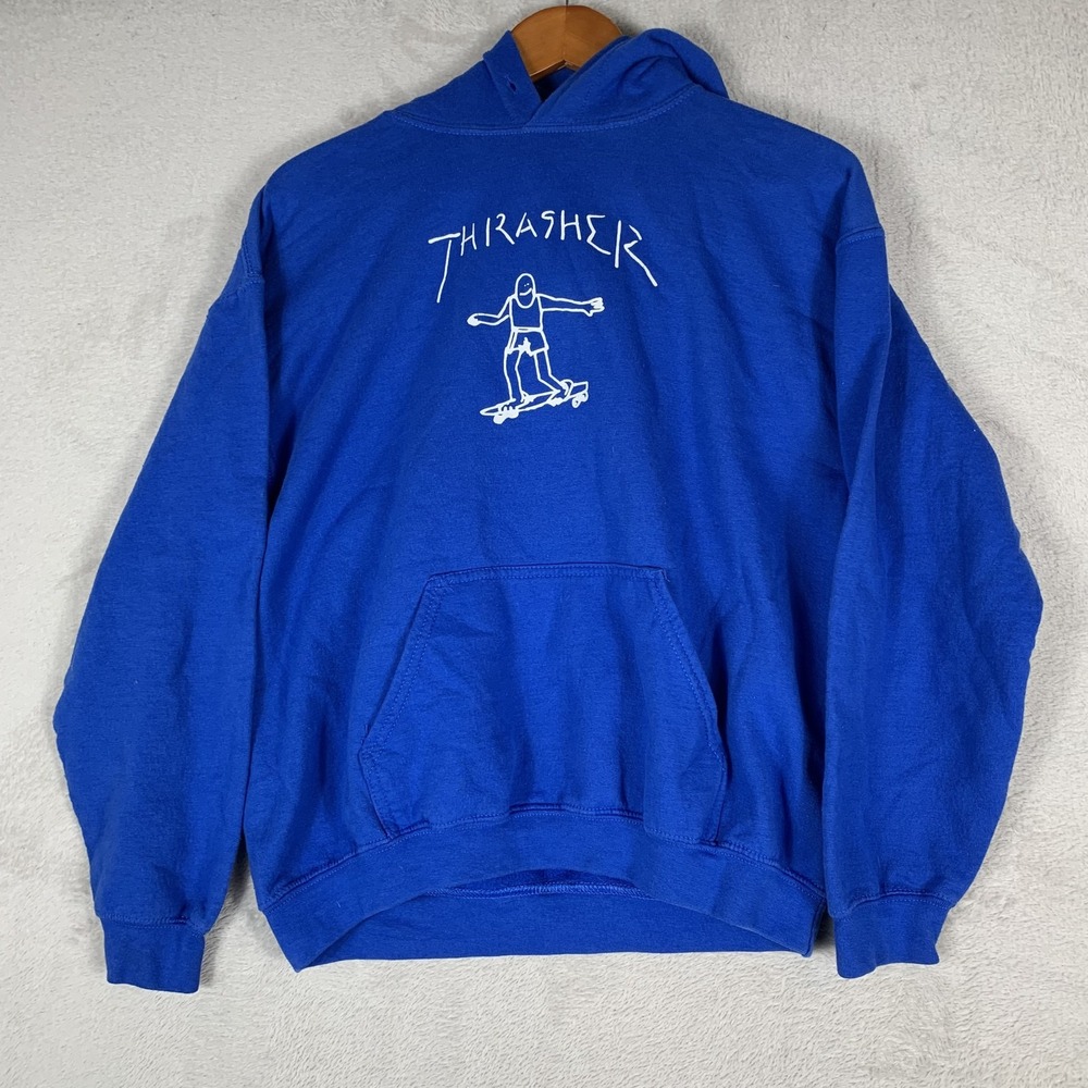 Thrasher Hoodie Mens Medium Blue Pullover Fleece Skateboarder Art Stick Figure